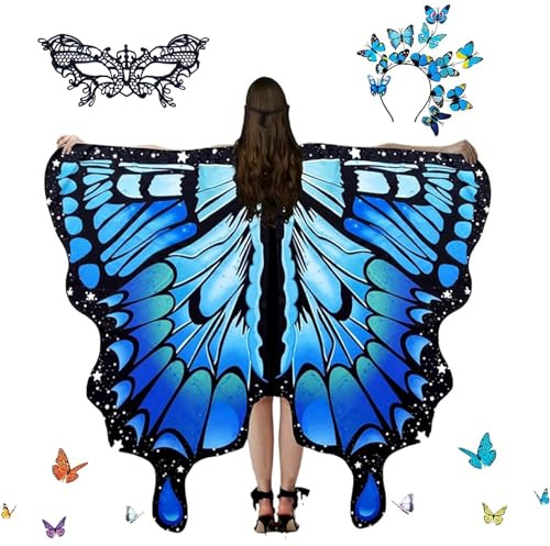 Schmetterling Umhang Damen mit Schmetterling Haarreif und Spitze Maske für Halloween Fasching Party Cosplay