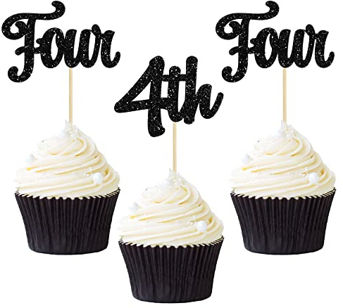 Gyufise 24Pcs Four Cupcake Toppers Glitter Cheer to 4 Years Old 4th Birthday Cupcake Picks for Baby Shower Fourth Birthday Party Cake Decorations Supplies Black