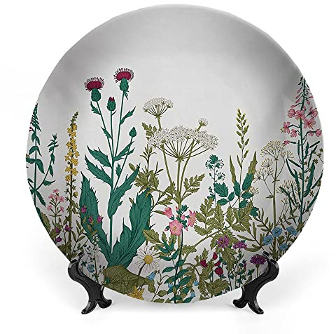 LIGUTARS Decorative Plates, Flower Print Ornament, Flowers and Leaves in Spring Garden with Daisies Roses, 7 Inch, 1 Plate with 1 Display Stand, Multicolo