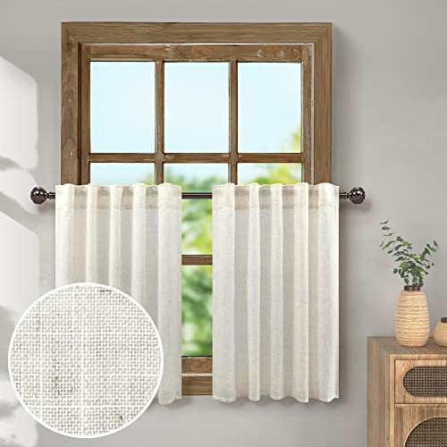 2 Tier Kitchen Curtains 24 Inch Length Back Tab & Rod Pocket Linen Light Filtering Glare Control Semi Privacy Non See Through Short Small Window Curtain Valances for Bathroom 36x24 Long Cream Ivory