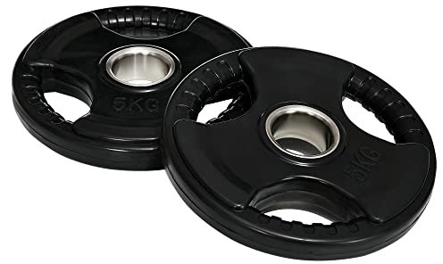 SPORTNOW Hantelscheiben 2er-Set, Tri-Grip 2 x 5 KG gummierte Olympiascheiben, bodenschonender Gewichtsscheiben mit 5 cm Bohrung, drei Griffen, für Gewichtheben, Krafttraining