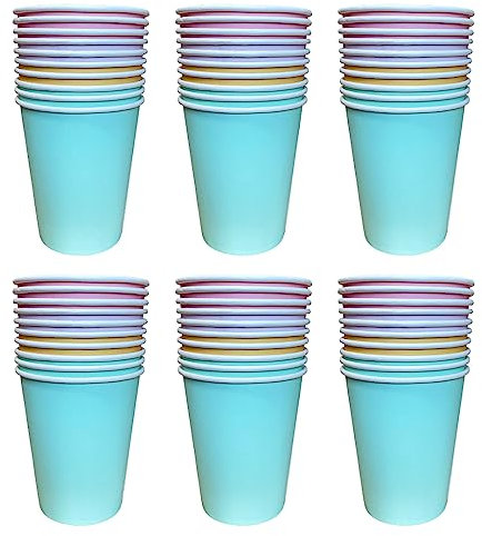 Kissymix Pastel Paper Cups 60 Colourful Disposable Paper Party Cups - Blue, Yellow, Purple and Pink Cups for Birthdays, Parties and Celebrations