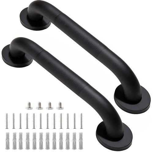 Rackickyer Shower Grab Bar, 2 Pack 12 Inch Black Bathroom Grab Bar, 1.25 Diameter 304 Stainless Steel Anti-Slip Grab Bars for Bathtubs and Showers, Handicap Shower Grab Bar for Seniors Elderly