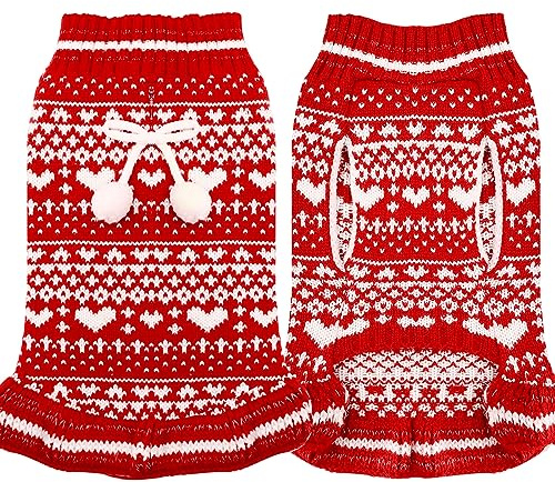 ABRRLO Hunde Pullover Kleid mit Leine Loch für kleine mittlere Hunde mit Fliege Büffelkaro Rot Rollkragen Polyester Haustier Welpe Katzen Pullover Strickwaren Rot,XS