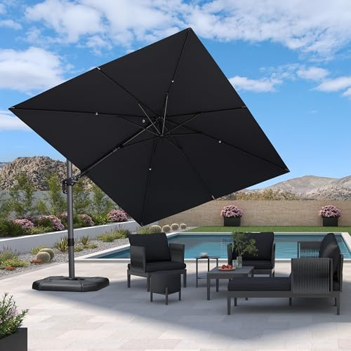 PURPLE LEAF Parasol Déporté 2,7 x 3,6 m Gris avec Pied de Croix UPF 50+ | Inclinaison bidirectionnelle, Ombre adaptable, Rotation à 360°, 5 niveaux d’inclinaison, Durable, Parasol de jardin extérieur