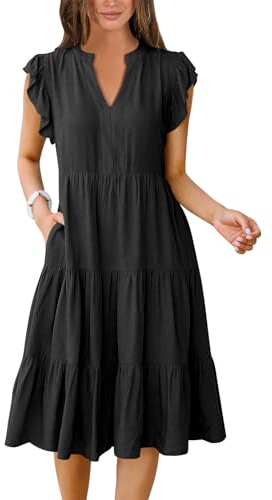 ANRABESS Womens Summer Dress Ruffle Sleeve V Neck Midi Dresses Fashion Casual Fit Flowy Tiered Boho Beach Vacation Sundress Black-L
