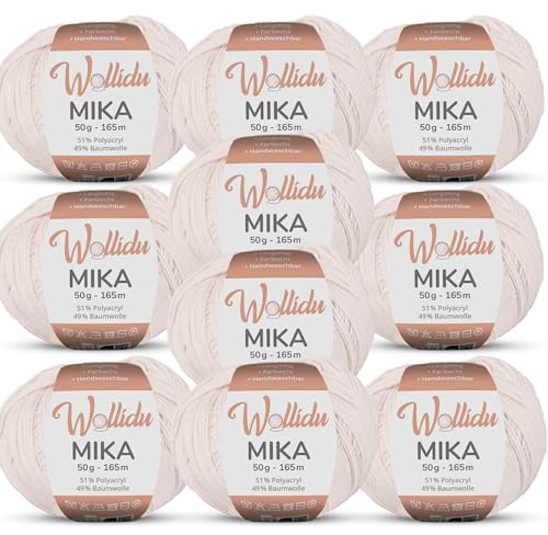 Wollidu Mika 51 % polyakryl, 49 % bomull för virkning och stickning 10 x 50 g/165 m Oeko-Tex stickgarn virkgarn – naturvit