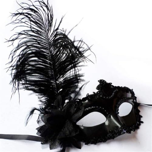 Uadme strutsfjäder prinsessa maskerad mask kvinnor mode maskerad ögonmasker (svart)