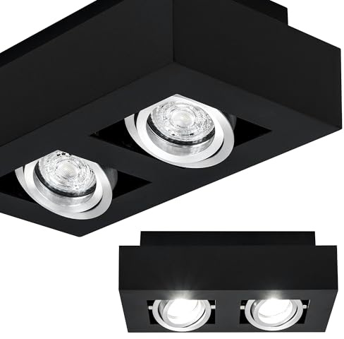 EDO Deckenstrahler GU10 OSMIN RIM 2-flammig Schwarz/Silber – Quadratische Aufputz-Deckenleuchte – Moderner Doppelspot mit Verstellbarem, Austauschbarem Ring für Wohnzimmer, Schlafzimmer, Küche