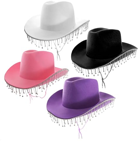 Cowgirl-Hüte mit Strasssteinen, 4 Stück, schwarz, rosa, lila und weiß, Cowboyhüte mit Diamantbesatz, für Erwachsene, glitzerndes Konzert-Zubehör-Set