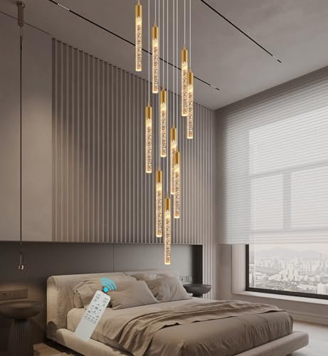 10 Fuß verstellbare lange Loft-Kronleuchter, 10 Lichter, goldfarbenes Metall, transparente Kristallblasen-Pendelleuchte, Treppenhaus, Eingang, Foyes, hohe Decke, Kristall-Kronleuchter, LED, dimmbar,
