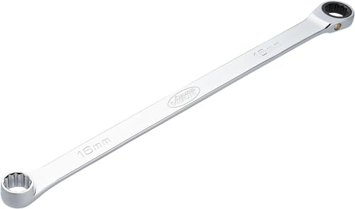 VIGOR Llave de estrella con carraca V7031-16, extra larga, 16 mm AF, 362 mm de longitud, 72 dientes, cromada y pulida, para mayor transmisión de fuerza, diseño fino | SW 16, cromado, pulido, SW 16 mm, longitud 362 mm, 299 g, diseño delgado, ancho de llave: 16 mm, dimensiones: 362 mm