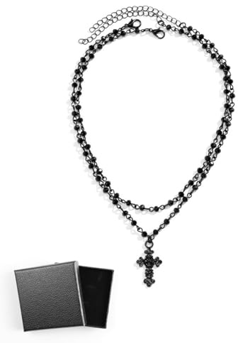 HSIXHAF - Schwarze Doppelkreuz-Strass-Halskette, Gothic Black Dark Multilayer Kreuz Choker Schmuck für Frauen und Mädchen, Kleine Hexenkette, böse Halskette