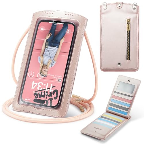 Casecond Handytasche zum Umhängen Geldbörse Universal Crossbody Handy Tasche Kleine Umhängetasche Damen mit Handykette Touchscreen Reißverschluss für iPhone 16 15 Samsung Xiaomi Bis zu 7.5 Roségold