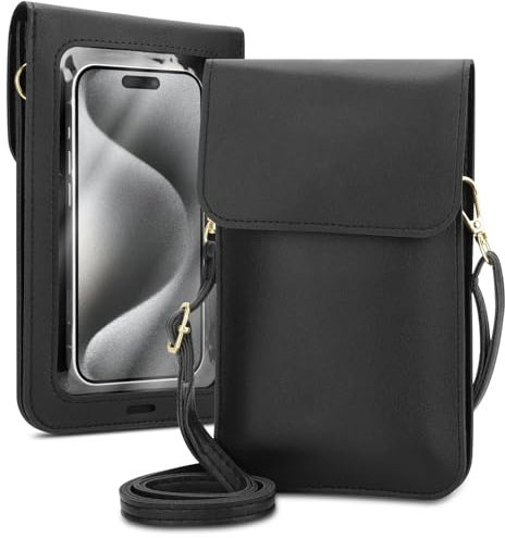 Cadorabo Handytasche zum Umhängen kompatibel mit Alcatel 5-kleine Handtasche mit Handyfach und Sichtfenster, Handy Umhängetasche Mini für 5, 2 Fächer, PULeder, Damen, SCHWARZ