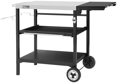 Royal Gourmet Tavolo da barbecue per esterni, a 3 ripiani, con piano in acciaio inox da 70 x 50 cm, ripiano laterale pieghevole, 30 x 50 cm, tavolino da giardino, trolley con ripiano push-pull