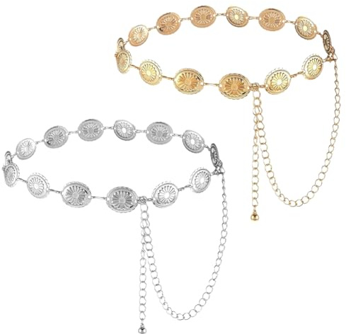 EYOK 2pcs Womens Western Boho Chain Belt, Boho Waist Chain, Vintage Adjustable Metal Hollow Out Belt for Jeans or Dresses