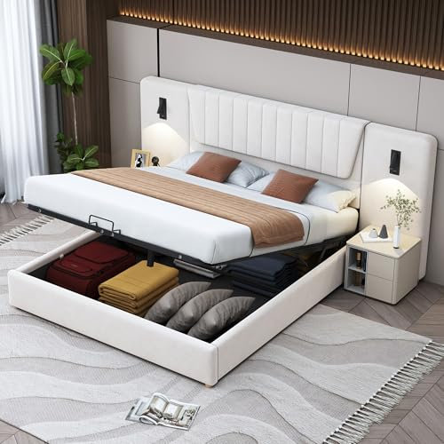 Gegtuon Polsterbett Doppelbett 180x200 cm, Bett mit LED-Beleuchtung und USB-Ladefunktion, Bettgestell mit Kopfteil Hydraulisch Stauraum, Jugendbett mit Lattenrost aus Holz, Samt, ohne Matratze (Beige)