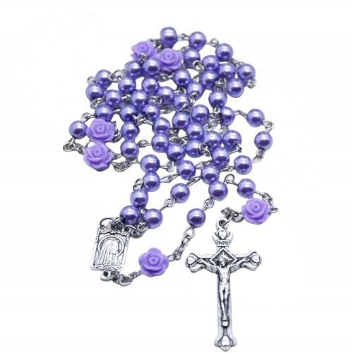 Kuesn Amethyst Catholic Rosary Necklace 6mm Purple Pearl Beads Rose Flower Cross Religious Necklace (Light Purple)