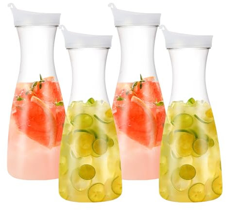 4 Piezas Jarra de Agua de plástico 1L Jarra de Bebidas con tapa Transparente Jarra de Jugo Contenedores de zumo de Té para agua,café,leche,té,jugo,refrescos y vino(Blanco)