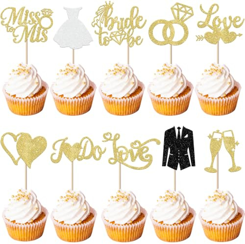 30 Stück Bride to Be Cupcake Toppers Hochzeit Thema Tortendeko Glitzer Braut und Bräutigam Liebe Herz Diamant Ring Kuchen Deko für Verlobung Hochzeiten Thema Party Kuchen Dekorationen Gold