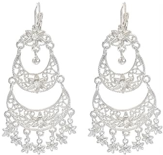 Boucles d'oreilles chandelier en cristal bohème pour femme – Créoles pendantes en forme de fleur à plusieurs niveaux – Bijoux Jhumka indiens doré/argenté pour mariages et festivals (7,2 cm)