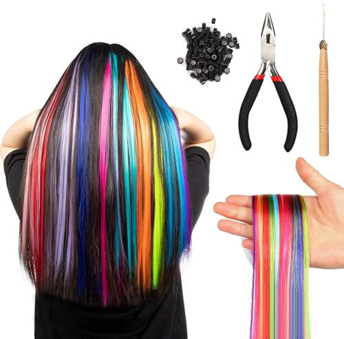 Bunte Haarverlängerungs Set 100 Stück Bunte Feder Haarverlängerungs Set mit Perückenzangenhaken und 100 Perlen Unsichtbar Haarsträhnen Kinder Haarsträhnen zum Einklipsen