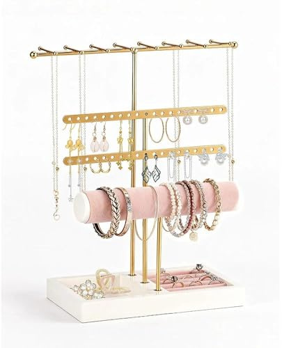 Janety smyckesställ, 4 våningar smyckesställ guld med läderarmbandshållare, smyckeshållare, avtagbar T-formad smyckesram för armband, halsband, klockor och ringar