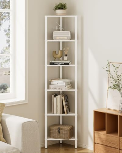 Apetaccat Eckregal mit 6 Ebenen, Standregal,dreieckiges Stand-Displayregal, platzsparendes Aufbewahrungsregal für Wohnzimmer, Schlafzimmer, Küche & Bad, weiß, 37 × 27 × 150 cm