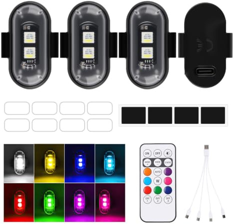 4 Pezzi Luci Stroboscopiche Per Drone 8 Colori Stroboscopio Auto impermeabile LED Strobe Drone Light Senza Fili Con Telecomando Anti-Collision Per Auto Moto Bici Camion Ricaricabili USB