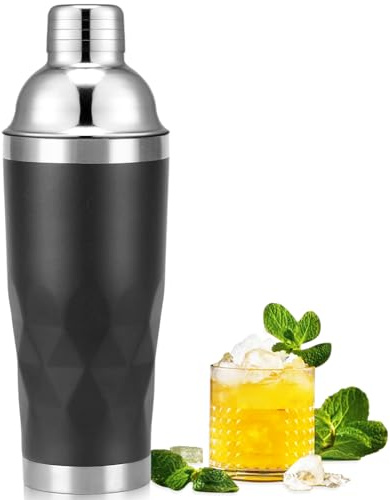 Shaker per cocktail isolato, nero, 20 oz (591 ml) a doppia parete, in acciaio inox, con filtro integrato, shaker ponderato professionale impermeabile per Home Bar,