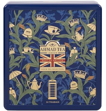 Ahmad Tea London Gift Boxes |Blue William Morris Tea Selection Caddy | Black, Green & Fruit Tea Selection | British Tea Gift | 32 Teabags | 4 Tea Blends
