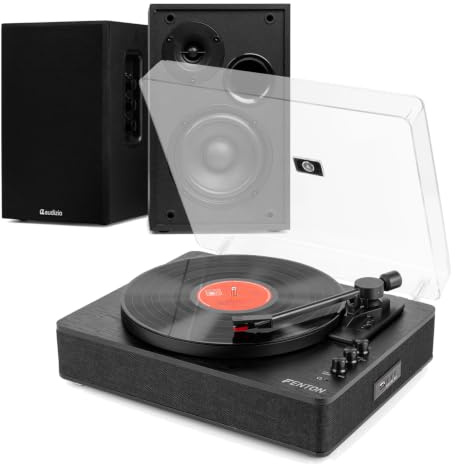 Fenton RP162B Record Player Stereo System with Built-In Bluetooth Output and Audizio KS02 Wireless Bookshelf Speakers, Vinyl Turntable for Home, 80W Speaker Set, Retro Black Finish