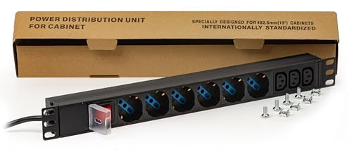 Link multipresa da rack LK10061 con 6 prese universali/Schuko + 3 prese C13 con interruttore luminoso e spina italiana 16A lunghezza cavo 1,75 metri, misure 48,5x4,5x4,5. Alette reversibili.