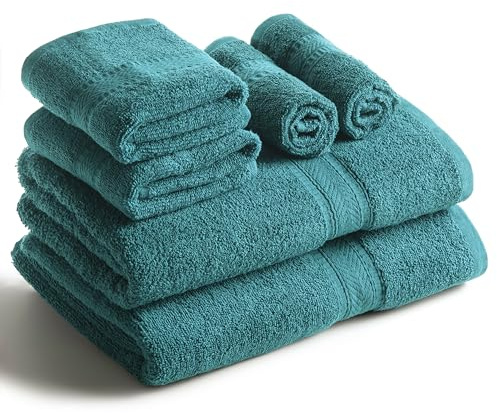Sweet Needle Set di asciugamani-2 asciugamani da bagno, 2 asciugamani per le mani e 2 salviette, uso quotidiano in spugna filata ad anello, altamente assorbente per bagno, Teal (confezione da 6)