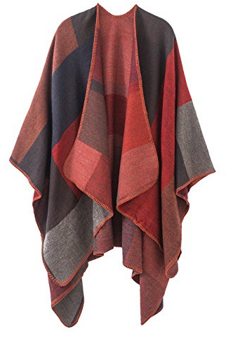 EXCHIC Damer vintage färgblockerande halsduk wrap öppen front poncho överdimensionerad vinterfilt elegant cape rock, Röd-1, En Storlek