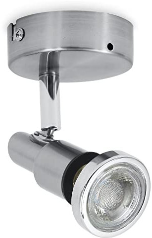 B.K.Licht Faretto LED da soffitto o parete orientabile, plafoniera bagno, include lampadina GU10 da 5W, luce calda 3000K, 400Lm, resistente agli schizzi d'acqua IP44, metallo color nickel opaco, 230V