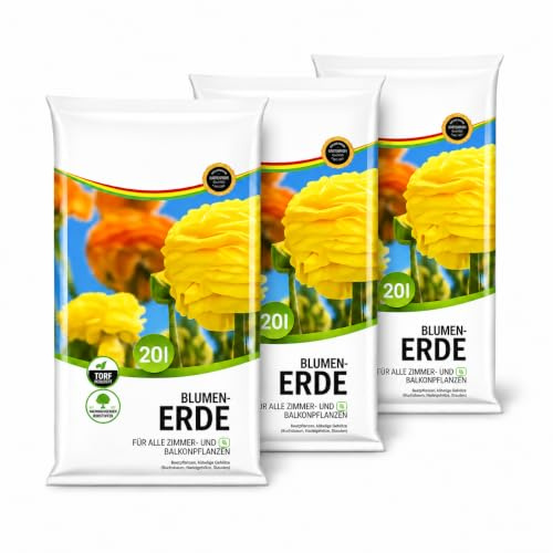 Blumenerde 3x20L – Universalerde für Zimmerpflanzen, Balkonpflanzen & Gartenpflanzen – torfreduziert – mit Grüngutkompost – hohe Wasserspeicherkapazität & HLKauf-Block