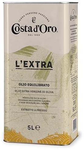 Costa d’Oro – L’Extra . Olio Extravergine di oliva estratto a freddo. Sapore equilibrato, adatto a tutte le ricette e come condimento per insalate. Latta da 5 litri, 1