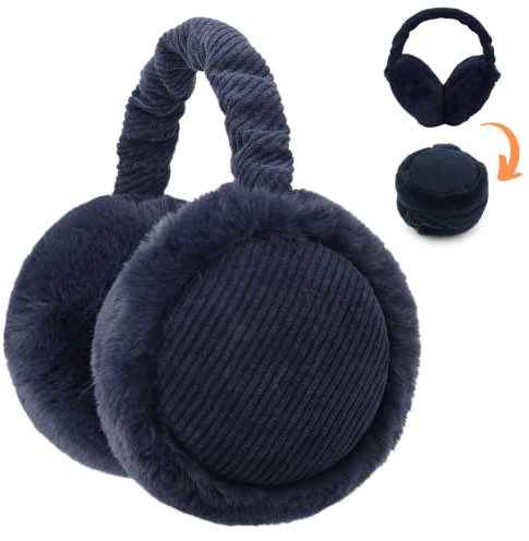 Zeltauto Women’s Winter Earmuffs Adjustable Foldable Faux Fur Plush Ear Warmer Full Ear Surrounded (Navy Blue)
