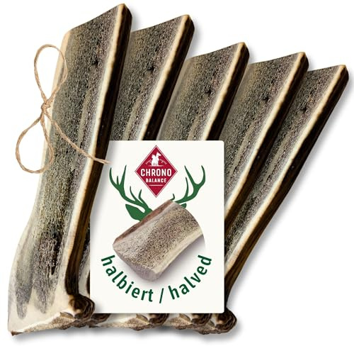 ChronoBalance® XL - Hirschgeweih für Hunde – 5er Set Halbierte Kauspielzeuge, 100% Natürliches Kauknochen Hundespielzeug zur Zahnpflege, Nachhaltige Hunde Kauartikel ohne Chemie