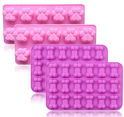 Silicone Puppy Dog Treat Molds Paw Bone Print Ice Cube Trays for Chocolate Candy Baking and Freezing, Pack of 4