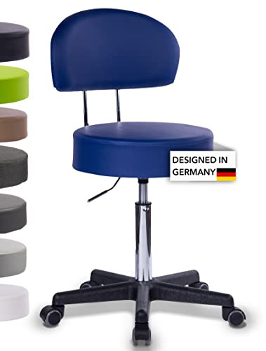 1stuff Rollhocker Squash 40 BIGBACK, Höhe 51-71cm, 40cm breit (Blau) | 1stuff-Qualität - Robuster Studiohocker mit Lehne BIGBACK, Drehhocker 360°, Bürohocker, PU-Rollen, Service aus DE