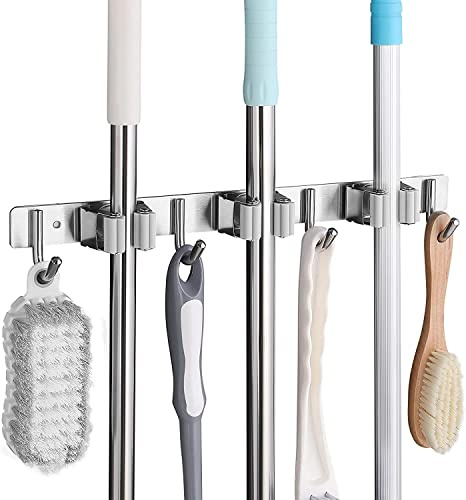 SHYOSUCCE Edelstahl Besenhalter, Besenhalterung Wand mit 3 Schlitze und 4 Haken, Gerätehalter Wandhalterung für Küche, Badezimmer, Garage und Garten, Grau