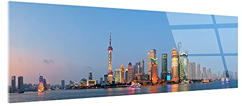 DECLINA Cuadro Plexi Fotografía panorámica Ciudad de Shanghai, Marco de Fotos plexi, Impresión en Vidrio acrílico, Cuadro de paisajes
