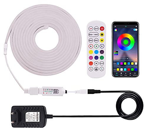 XUNATA 12V RGB Bluetooth Neon LED Streifen, Farbwechsel, Musik Sync, App-steuerung, Wasserdicht Flexibel Silikon Neon Lichtschlauch für Innen Aussenbereich Weihnachten Party DIY Deko (0.5M)