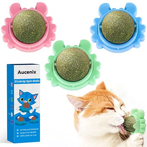 Aucenix Catnip Balls Toy for Cat, Wall Catnip Roller for Cat Licking, Teeth Cleaning Dental Edible Kitten Toy, Natural Rotating Cat Toy (Pink+Blue+Green)