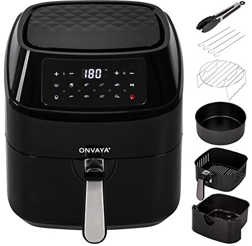 ONVAYA® Heißluftfritteuse | Airfryer XXL | Fritteuse ohne Öl & Fett | für 5-6 Personen | mit LED-Display | 10 Programme | 1700 W | inkl. Backform & Grillrost mit Spießen