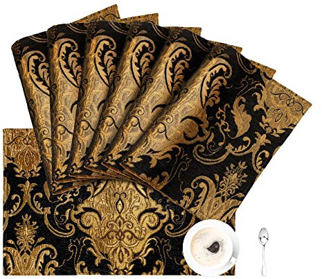 TOPLUXE Platzsets 6er Sets Jaquard Tischset Abwaschbar 30x45cm Platz-Matten für Esstisch Urlaub Party Wohnzimmer Dekoration (Schwarz)