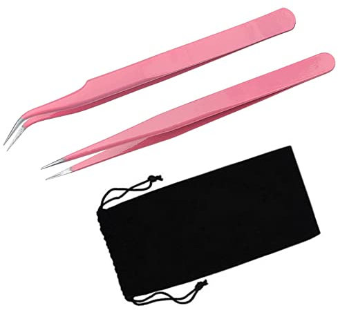 YKKJ Pezzi Pinzette Diritto e Curvo Tip Pinza,Rosa Acciaio Inossidabile Falso Sferza Applicazione Strumenti per Estensioni Ciglia